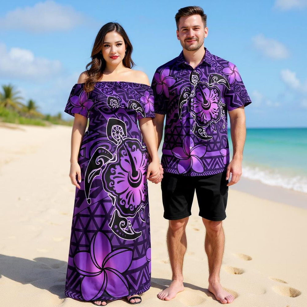 Hawaiian Matching Couples Outfit – Purple Polynesian Turtle & Plumeria Dress and Shirt Set