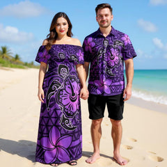 Hawaiian Matching Couples Outfit – Purple Polynesian Turtle & Plumeria Dress and Shirt Set