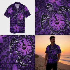 Hawaiian Matching Couples Outfit – Purple Polynesian Turtle & Plumeria Dress and Shirt Set