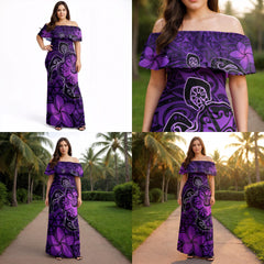 Hawaiian Matching Couples Outfit – Purple Polynesian Turtle & Plumeria Dress and Shirt Set