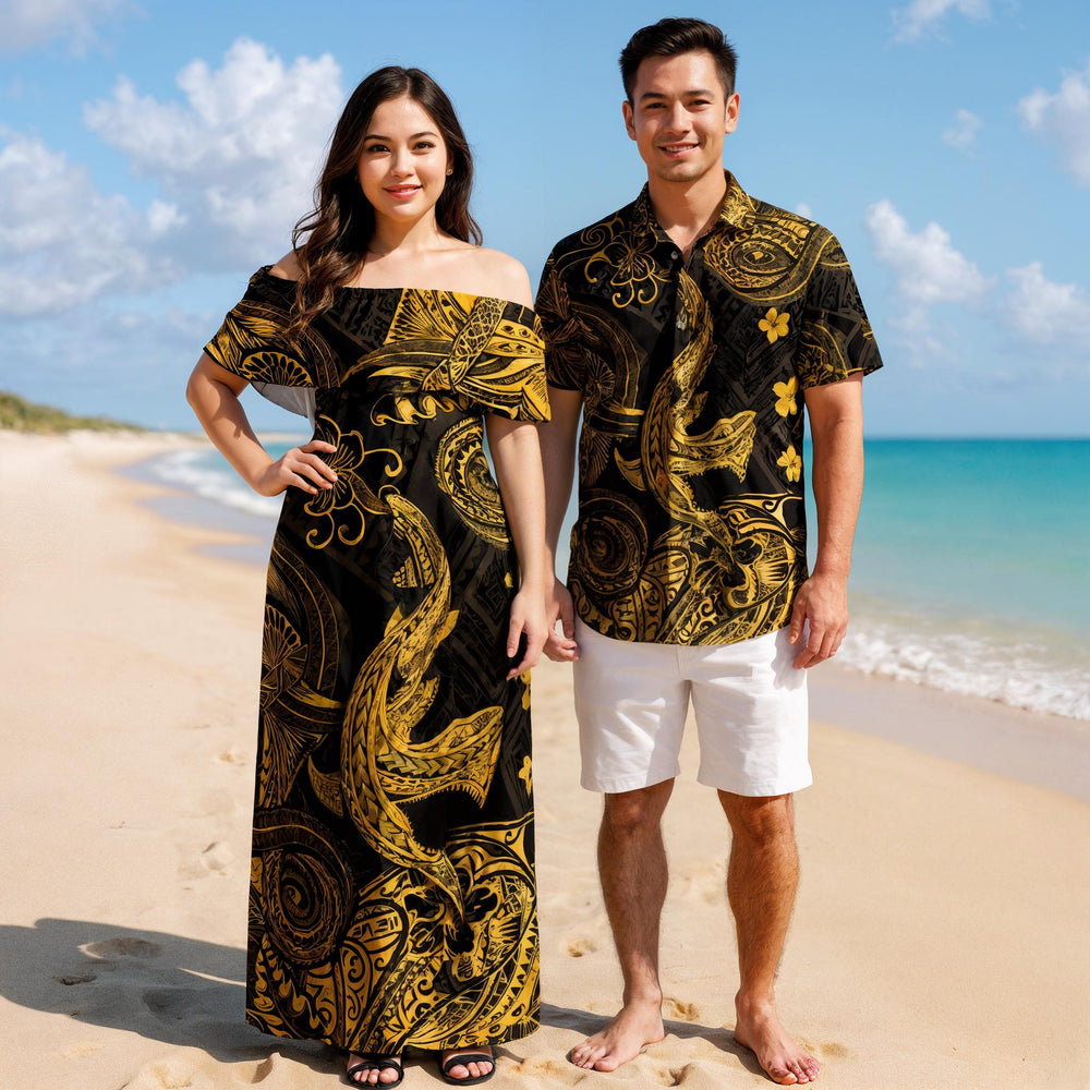 Angry Shark Polynesian Dress & Hawaiian Shirt – Matching Hawaiian Couple Outfit