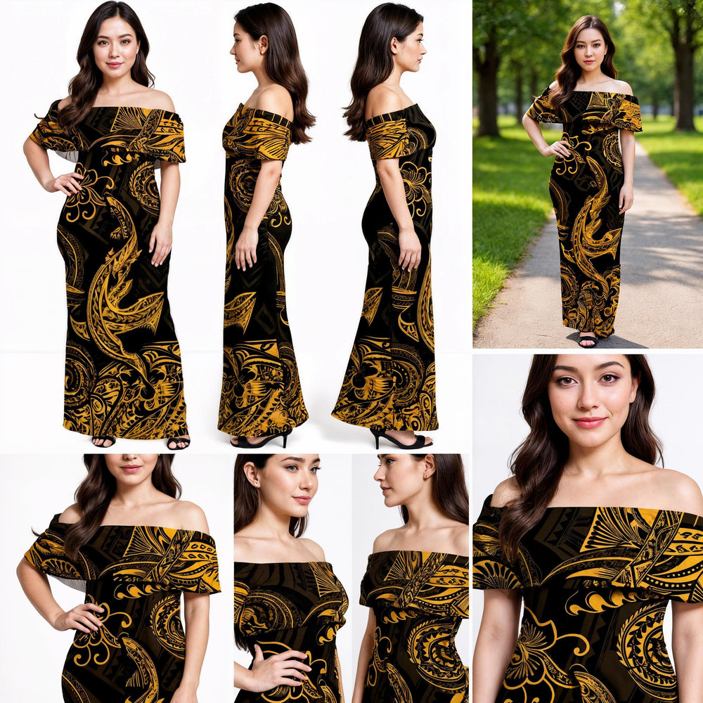 Angry Shark Polynesian Dress & Hawaiian Shirt – Matching Hawaiian Couple Outfit