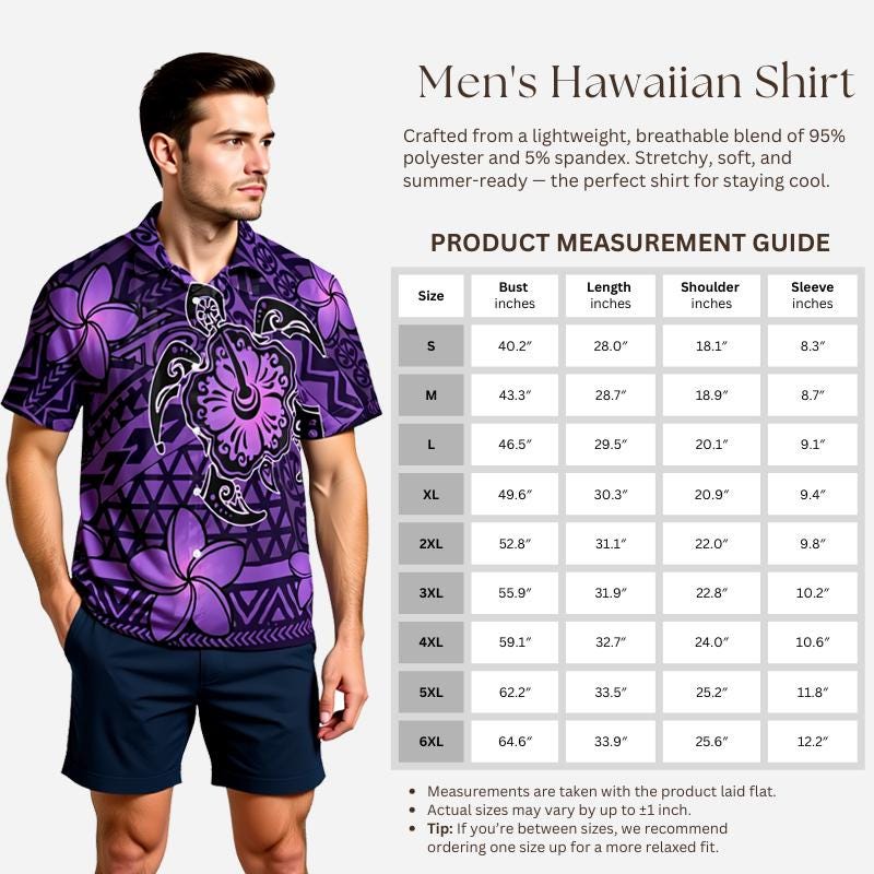 Hawaiian Matching Couples Outfit – Purple Polynesian Turtle & Plumeria Dress and Shirt Set