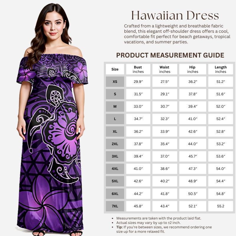 Hawaiian Matching Couples Outfit – Purple Polynesian Turtle & Plumeria Dress and Shirt Set